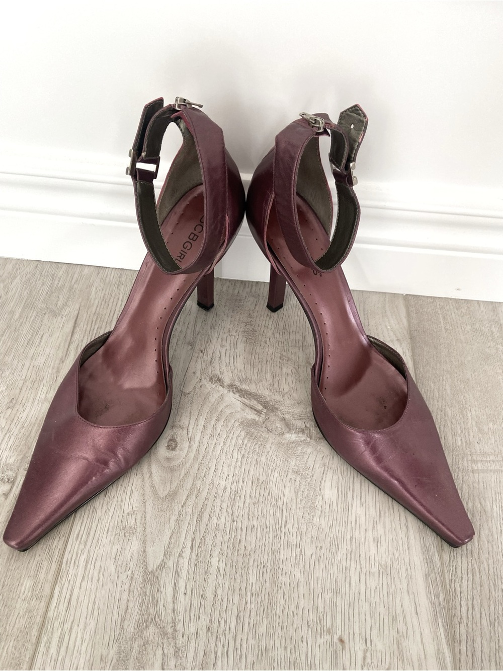 BCBGGeneration | Women’s Metallic Plum Pointed-Toe Ankle-Strap Heels